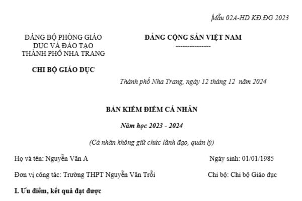 Mẫu viết sẵn Bản kiểm điểm Đảng viên đối với giáo viên không giữ chức vụ lãnh đạo, quản lý (Mẫu 02A-HD KĐ.ĐG 2023)