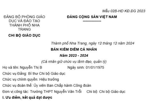 Mẫu viết sẵn Bản kiểm điểm Đảng viên đối với giáo viên giữ chức vụ lãnh đạo, quản lý