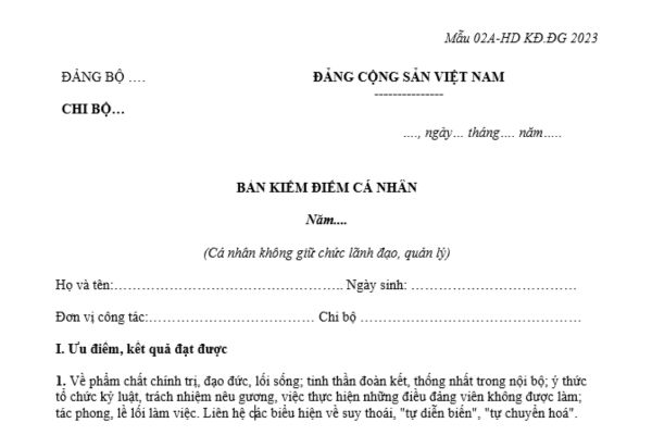 Mẫu Bản kiểm điểm Đảng viên năm 2024 của Giáo viên không giữ chức vụ lãnh đạo, quản lý (Mẫu 02A-HD KĐ.ĐG 2023)