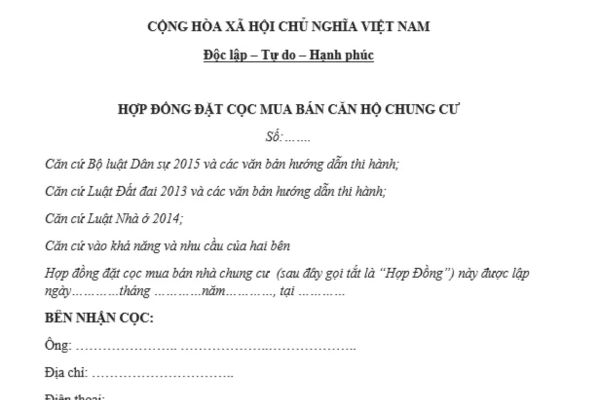 Mẫu hợp đồng đặt cọc mua nhà chung cư mới nhất hiện nay. 