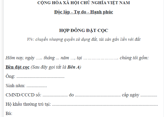 Mẫu hợp đồng đặt cọc chuyển nhượng quyền sử dụng đất 2024