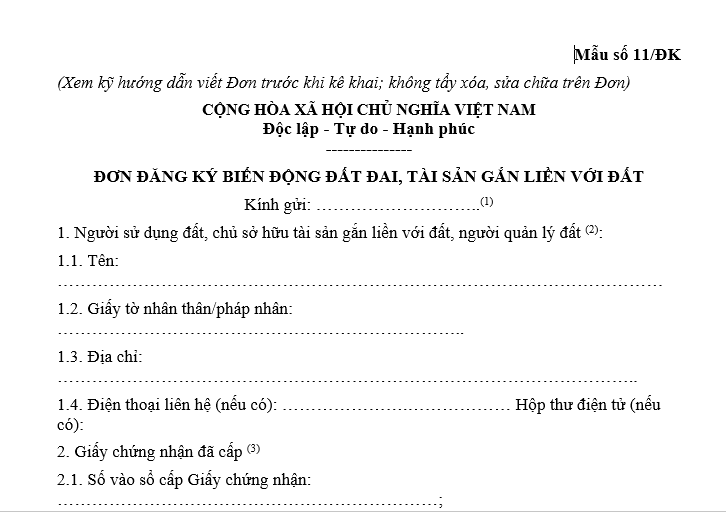 Hướng dẫn viết đơn đăng ký biến động đất đai 2024 Mẫu số 11/ĐK