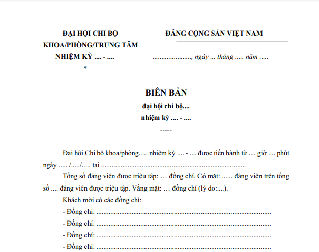 Tải về Mẫu Biên bản họp Đại hội Chi bộ trường học mới nhất 2024