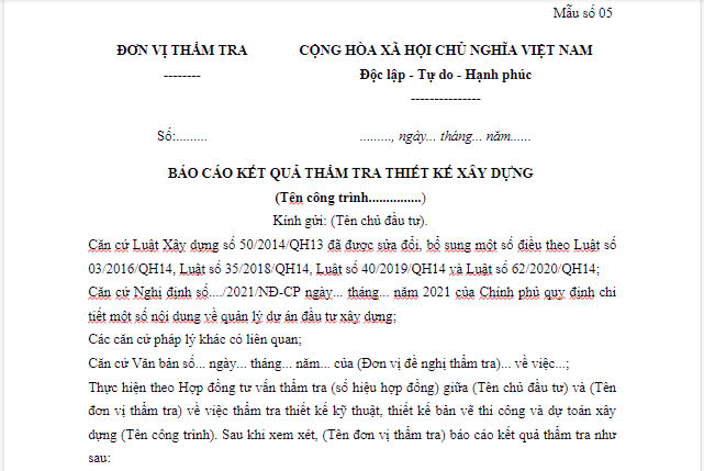 Tải về mẫu 05 Báo cáo kết quả thẩm tra thiết kế xây dựng mới nhất