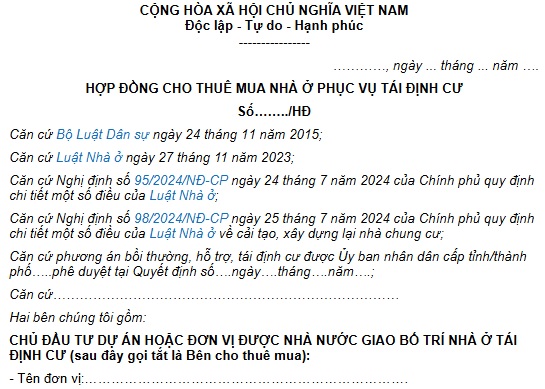 MẪU HỢP ĐỒNG CHO THUÊ MUA NHÀ Ở PHỤC VỤ TÁI ĐỊNH CƯ