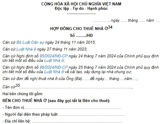 MẪU HỢP ĐỒNG CHO THUÊ NHÀ Ở PHỤC VỤ TÁI ĐỊNH CƯ HOẶC NHÀ Ở CŨ THUỘC TÀI SẢN CÔNG