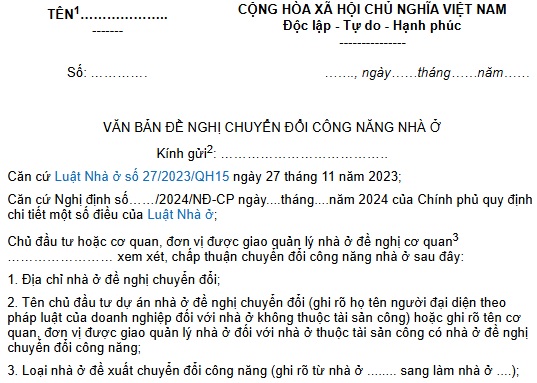 Văn bản đề nghị chuyển đổi công năng nhà ở