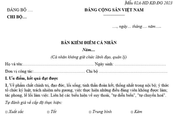 Mẫu 02A Bản kiểm điểm Đảng viên cuối năm 2024 không giữ chức vụ lãnh đạo