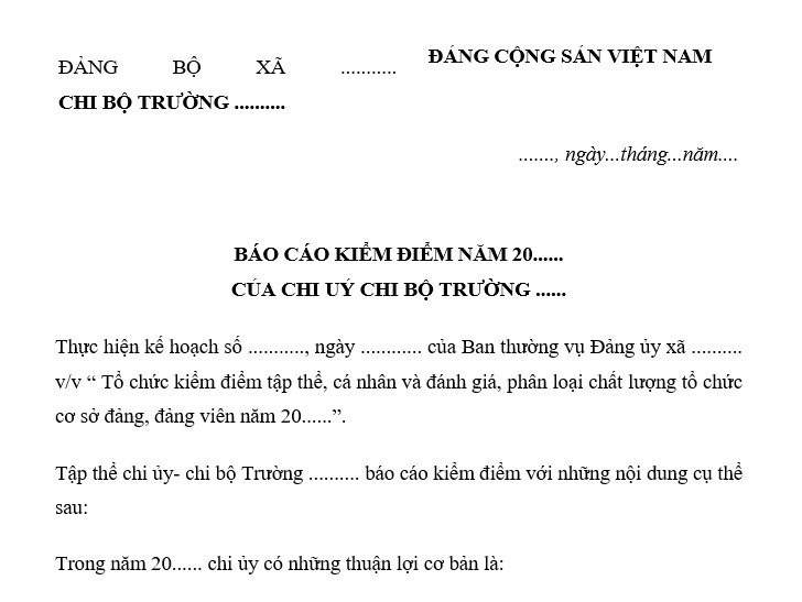 Báo cáo kiểm điểm của chi ủy chi bộ trưởng