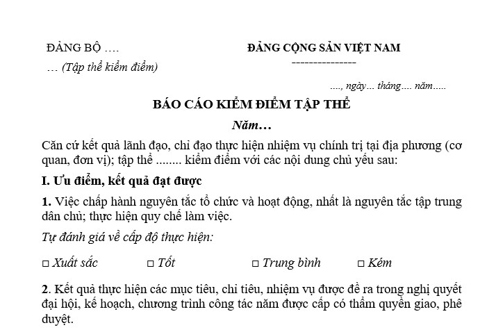 Báo cáo kiểm điểm tập thể Chi ủy Chi bộ