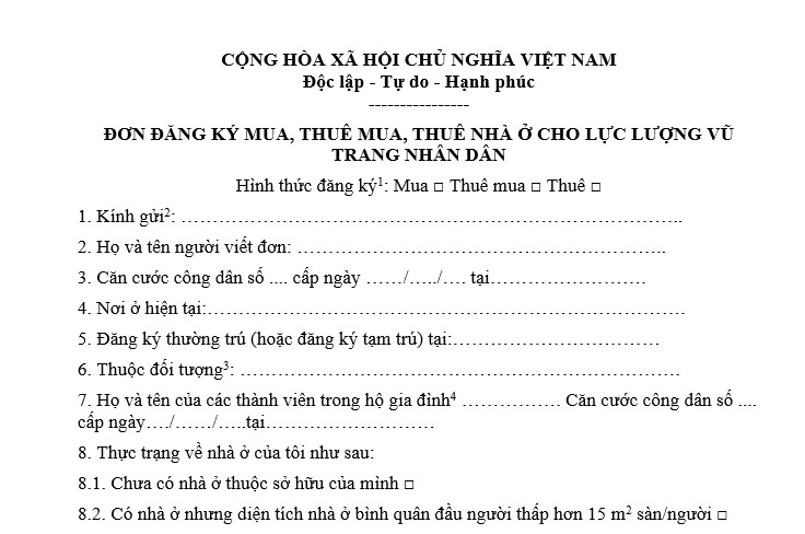 Mẫu Đơn đăng ký mua, thuê mua, thuê nhà ở cho lực lượng vũ trang nhân dân