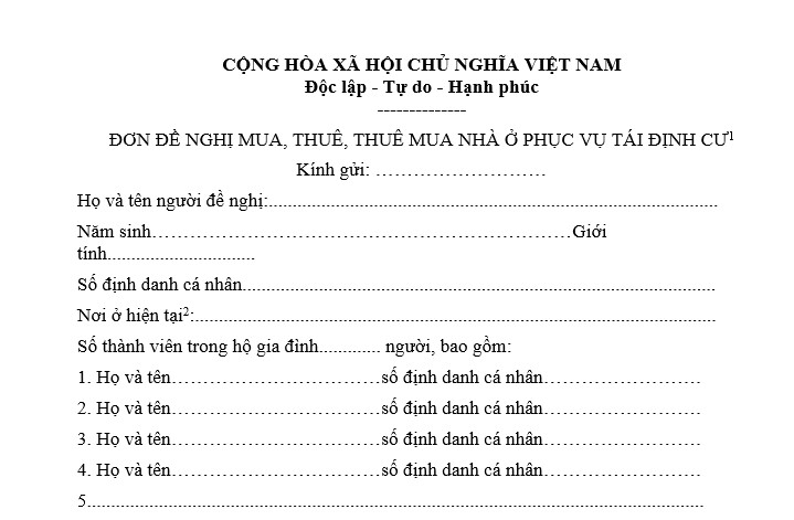 Đơn đề nghị mua, thuê, thuê mua nhà ở phục vụ tái định cư