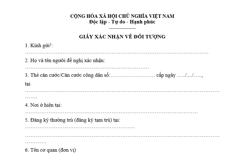 Mẫu giấy tờ chứng minh đối tượng được hưởng chính sách hỗ trợ về nhà ở