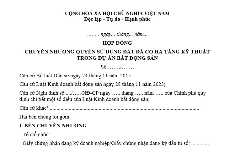 Hợp đồng chuyển nhượng quyền sử dụng đất đã có hạ tầng kỹ thuật trong dự án bất động sản