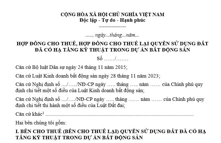 Hợp đồng cho thuê, cho thuê lại quyền sử dụng đất đã có hạ tầng kỹ thuật trong dự án bất động sản