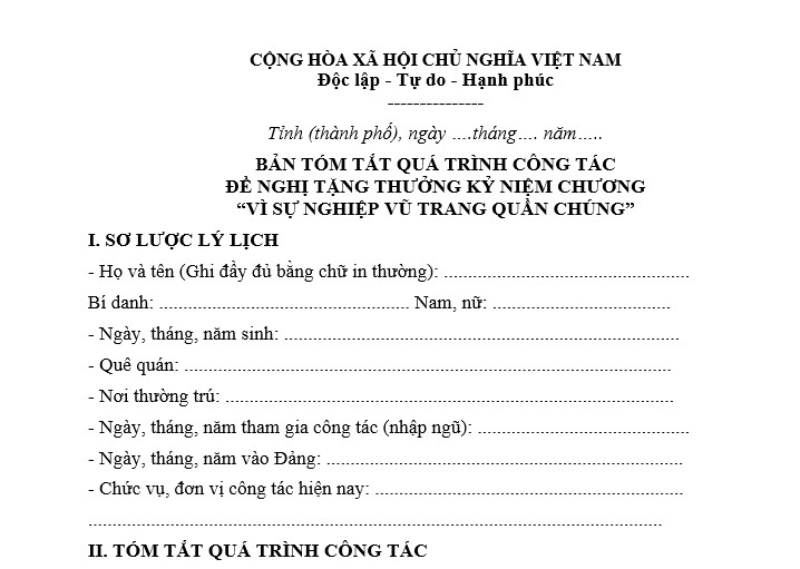 Mẫu tờ khai tặng Kỷ niệm chương 