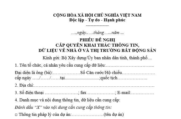 Mẫu Phiếu đề nghị cấp quyền khai thác thông tin, dữ liệu về nhà ở và thị trường bất động sản